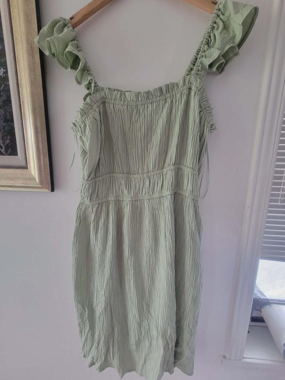 NOBO Light Sage Crinkle Ruffle-Strap Mini Dress